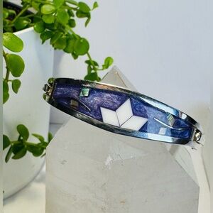 Vintage Alpaca Mexico Silver Abalone & Mother Of Pearl Bangle Bracelet